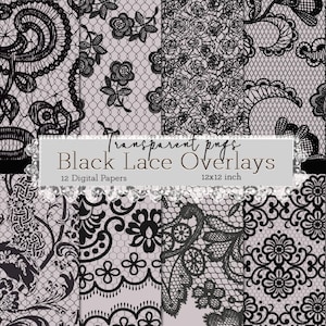 Black Lace Overlays, transparent digital paper scrapbooking clip art, instant download, digital floral gothic lace PNG vintage lace clipart