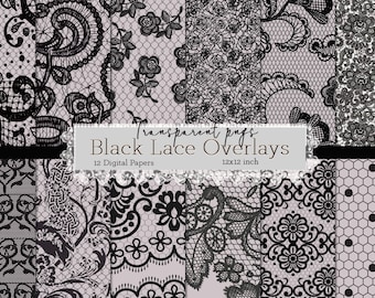 Black Lace Overlays, Gothic Floral Clipart, Transparent Lace PNG