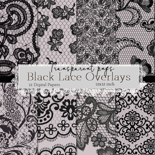 Black Lace Overlays, transparent digital paper scrapbooking clip art, instant download, digital floral gothic lace PNG vintage lace clipart