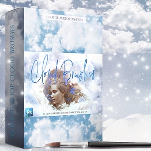 Puede incluir: Una caja de 50 pinceles de nubes para Photoshop para crear nubes realistas en arte digital. La caja presenta un cielo azul con nubes blancas y el rostro de una mujer con una expresión soñadora. El texto "Cloudy Brushes" está escrito en una fuente estilizada.