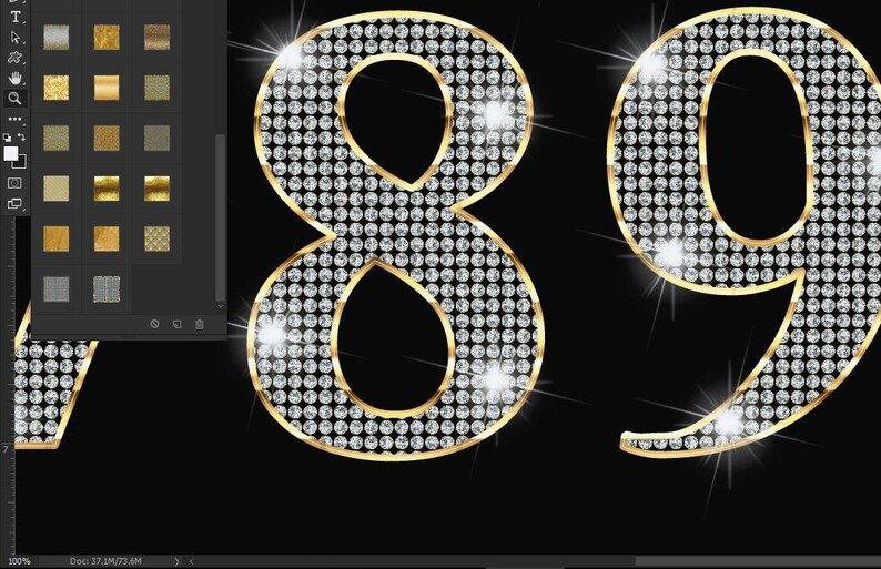 May include: The numbers 8 and 9 are displayed in a digital graphic format, featuring a surface covered in small, sparkling, diamond-like circular stones. Each number is outlined with a smooth, reflective gold border against a solid black background.