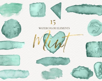 Mint Watercolor Shapes, Teal Graphics Clipart, Digital Scrapbook Overlays