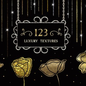 May include: A black sign with silver glitter trim hangs from a silver chain. The sign reads "123 LUXURY TEXTURES". The background is black with gold and silver glitter lines. There are three gold glitter flowers.