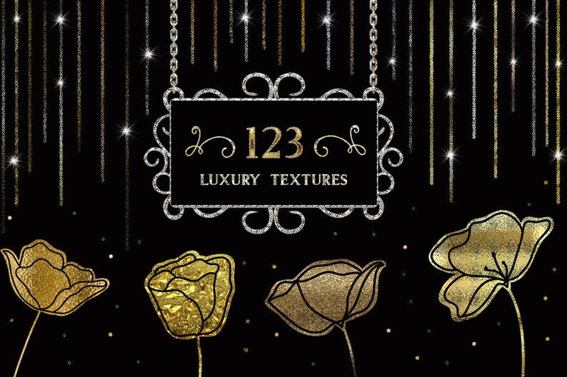 May include: A black sign with silver glitter trim hangs from a silver chain. The sign reads "123 LUXURY TEXTURES". The background is black with gold and silver glitter lines. There are three gold glitter flowers.
