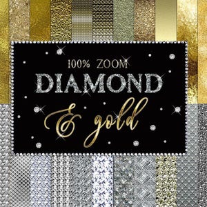 May include: A collage of digital paper textures featuring diamond and gold patterns. The text "100% ZOOM DIAMOND & gold" is displayed in a black banner with silver glitter accents.