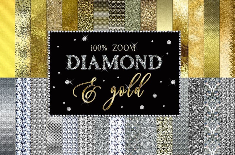 May include: A collage of digital paper textures featuring diamond and gold patterns. The text "100% ZOOM DIAMOND & gold" is displayed in a black banner with silver glitter accents.