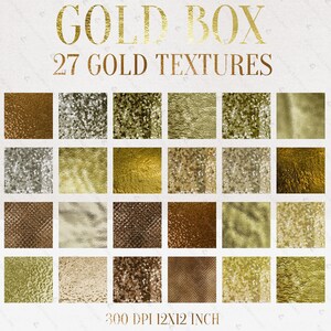 Puede incluir: Un conjunto de 27 texturas doradas, cada una de 30,5 x 30,5 cm y 300 DPI. Las texturas son de varios acabados dorados, incluyendo met&aacute;lico, brillo y cepillado.