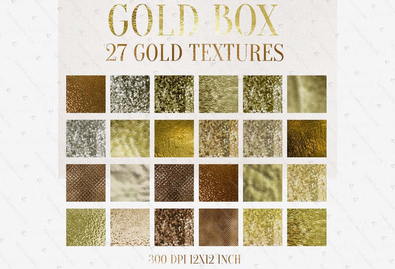 Puede incluir: Un conjunto de 27 texturas doradas, cada una de 30,5 x 30,5 cm y 300 DPI. Las texturas son de varios acabados dorados, incluyendo met&aacute;lico, brillo y cepillado.