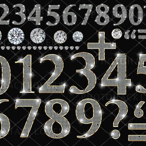 May include: A digital graphic set featuring numbers zero through nine, a question mark, a plus sign, quotation marks, and an equals sign. Each character is rendered with a sparkling, diamond-encrusted texture and a thin gold outline on black.