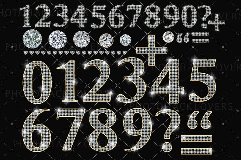 May include: A digital graphic set featuring numbers zero through nine, a question mark, a plus sign, quotation marks, and an equals sign. Each character is rendered with a sparkling, diamond-encrusted texture and a thin gold outline on black.