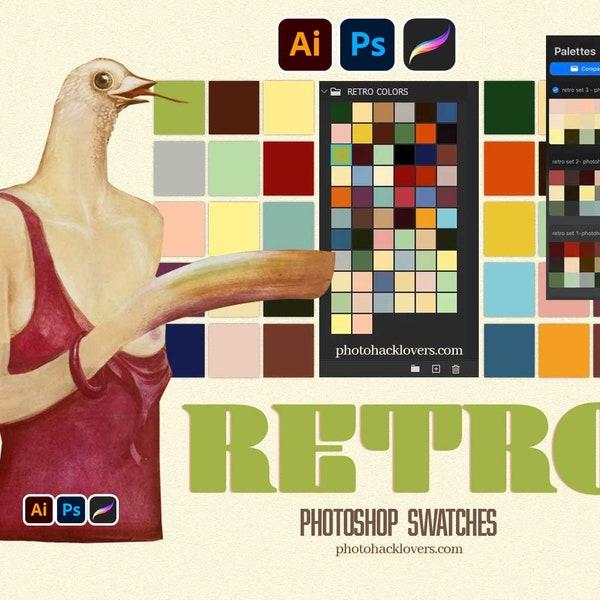 retro colorblock - set of 60 Retro color swatches, These Vintage retro color palette can be used in Photoshop, Illustrator and Procreate