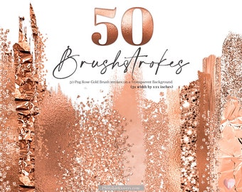 Rose Gold Brush Stroke Clipart, Glitter Confetti PNG Set, 50 pack Digital Download