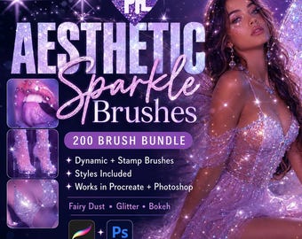 Op de afbeelding: Een digitale productadvertentie voor Aesthetic Sparkle Brushes met een bundel van 200 penselen voor Procreate en Photoshop. De afbeelding bevat tekst, een paars hartlogo en voorbeelden van glittereffecten op lippen, laarzen en kleding in paars.