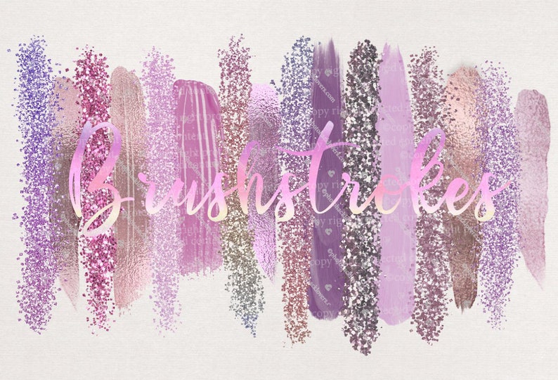 Puede incluir: Un conjunto de trazos de pincel digitales en tonos de rosa, morado y plateado con una textura brillante. El texto "Brushstrokes" est&aacute; escrito en un degradado rosa y blanco.