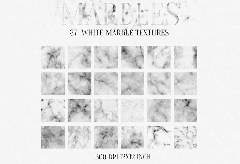Puede incluir: 37 texturas de m&aacute;rmol blanco, 300 DPI, 12x12 pulgadas.