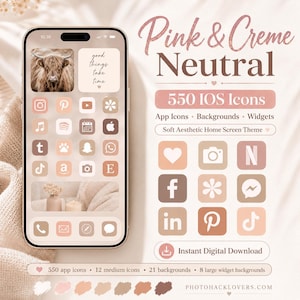 May include: A smartphone displaying a Pink & Creme Neutral theme with 550 iOS icons, app icons, backgrounds, and widgets. The screen features a highland cow image, text reading good things take time, and various social media app icons in soft tones.