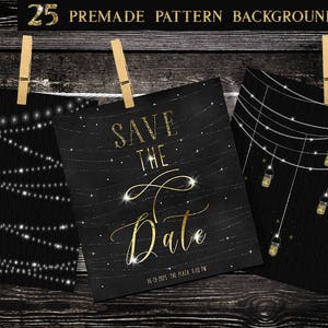 May include: Three black cards with gold text and glitter. The cards feature a string light pattern and the text "Save the Date".