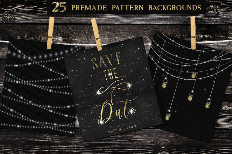 May include: Three black cards with gold text and glitter. The cards feature a string light pattern and the text "Save the Date".