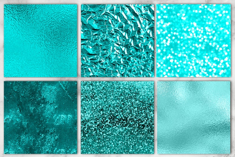 May include: Six different turquoise digital paper textures. The textures include a smooth, a crinkled, a glitter, a speckled, a textured, and a shiny finish.
