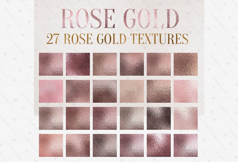 Puede incluir: 27 texturas de oro rosa, una colecci&oacute;n de fondos de papel digital con acabado met&aacute;lico.