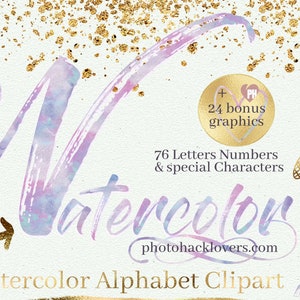 Watercolor Alphabet Clipart - 72 Letter Clip Art Digital Alphabet - Pastel Unicorn Alphabet Set, Pink Blue Gold Alphabet Letters