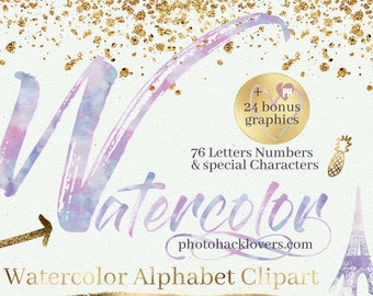 Watercolor Alphabet Clipart - 72 Letter Clip Art Digital Alphabet - Pastel Unicorn Alphabet Set, Pink Blue Gold Alphabet Letters
