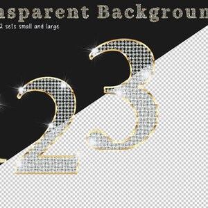 May include: The numbers 1, 2, and 3 rendered in a gold-trimmed, diamond-encrusted style. The text Transparent Background 300 DPI 189pt 2 sets small and large is visible at the top. The numbers are set against a black and checkered background.