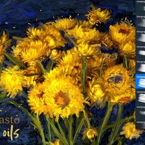 May include: A painting of a bouquet of yellow dandelions against a dark blue background. The painting is done in an impasto style, with thick layers of paint creating a textured surface. The text "Impasto oils" is visible in the lower left corner of the painting.