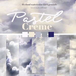May include: 16 watercolor cloud backgrounds in a pastel color palette. The backgrounds are 12x12 inches and 300 dpi. The color palette includes white, cream, light gray, gray, and navy blue.