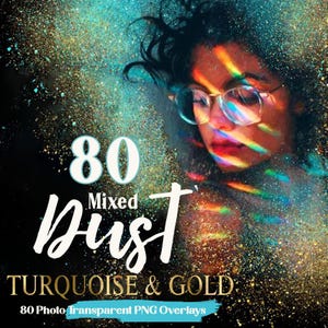 May include: 80 Mixed Dust Turquoise & Gold 80 Photo Transparent PNG Overlays. A digital illustration of a woman with long dark hair wearing glasses and a turquoise and gold sparkly background.