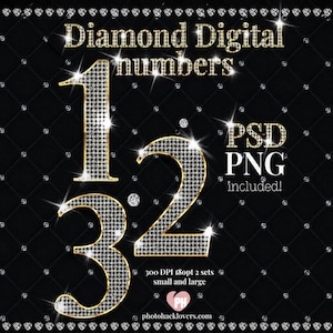 May include: A digital graphic set featuring the text Diamond Digital numbers with the numerals 1, 2, and 3 rendered in a sparkling diamond-encrusted style. The background is black with a quilted diamond pattern. Includes PSD and PNG files.