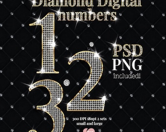 Op de afbeelding: Een digitale grafische set met de tekst Diamond Digital numbers en de cijfers 1, 2 en 3 in een sprankelende, met diamanten ingelegde stijl. De achtergrond is zwart met een gewatteerd ruitpatroon. Inclusief PSD- en PNG-bestanden.