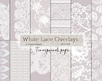 Bridal Lace Overlays, Vintage Floral White (12 Transparent PNGs)