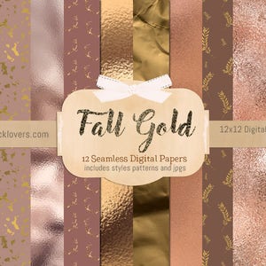 Pode incluir: Doze papéis digitais com tema de outono dourado. Os papéis apresentam vários padrões, incluindo folha de ouro, folhas e abóboras. Os papéis medem 30,5 cm por 30,5 cm e 300 DPI.