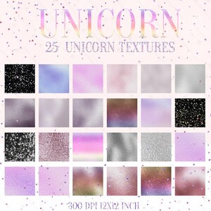 Puede incluir: Un conjunto de 25 texturas digitales de unicornio en varios colores y patrones, incluyendo efectos de brillo, metalizados y degradados. Las texturas son de 300 DPI y 12x12 pulgadas.