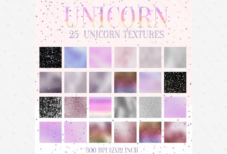 Puede incluir: Un conjunto de 25 texturas digitales de unicornio en varios colores y patrones, incluyendo efectos de brillo, metalizados y degradados. Las texturas son de 300 DPI y 12x12 pulgadas.