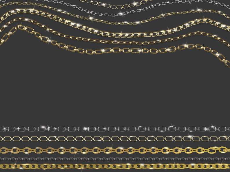 May include: A collection of gold and silver chains of different sizes and styles. The chains are arranged in a wavy pattern against a dark background.