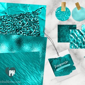 May include: A set of turquoise digital paper textures, including glitter, foil, and crumpled paper. The papers are perfect for adding a touch of sparkle and elegance to your digital designs.