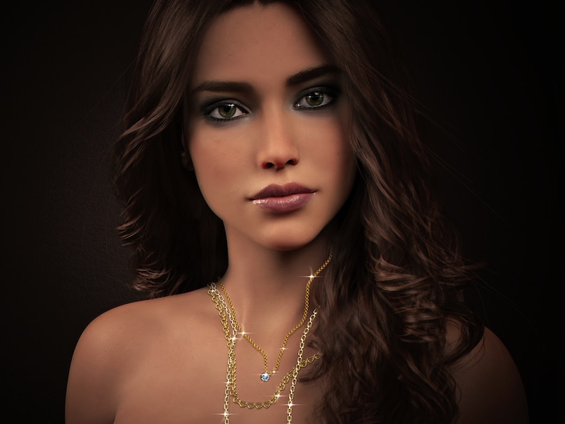 May include: A woman with long brown hair wearing a gold necklace with a small diamond pendant.