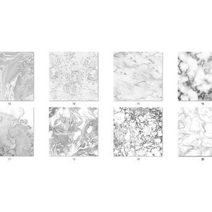 Puede incluir: Ocho im&aacute;genes cuadradas que muestran varios patrones de m&aacute;rmol en tonos grises y blancos. Cada cuadrado presenta un dise&ntilde;o de vetas &uacute;nico, que ofrece una gama de texturas que van desde remolinos hasta moteados. Los n&uacute;meros del 13 al 20 son visibles en la parte inferior de cada cuadrado.