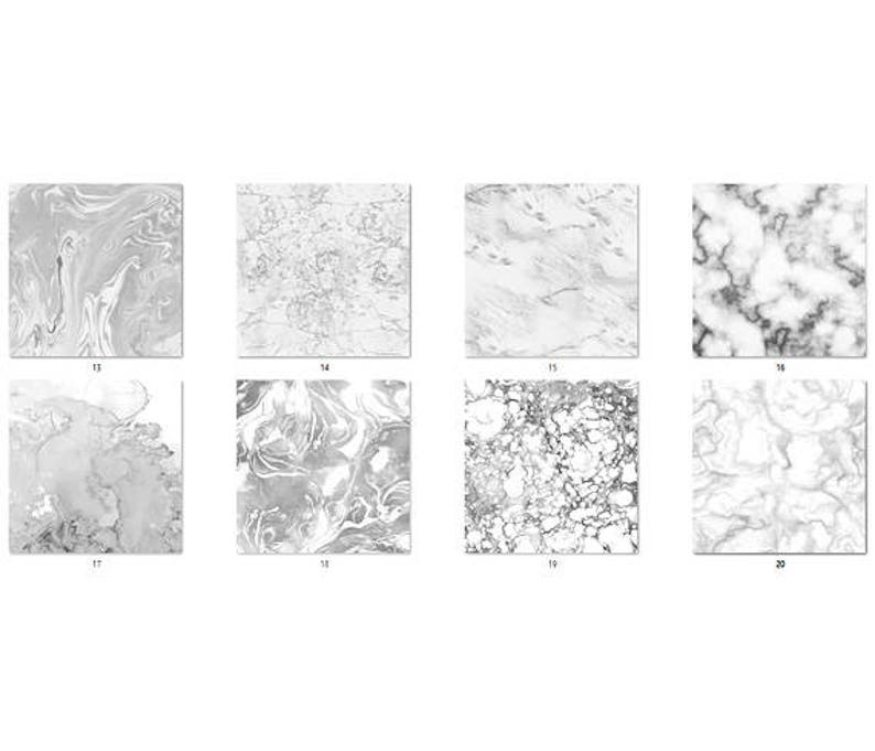 Puede incluir: Ocho im&aacute;genes cuadradas que muestran varios patrones de m&aacute;rmol en tonos grises y blancos. Cada cuadrado presenta un dise&ntilde;o de vetas &uacute;nico, que ofrece una gama de texturas que van desde remolinos hasta moteados. Los n&uacute;meros del 13 al 20 son visibles en la parte inferior de cada cuadrado.