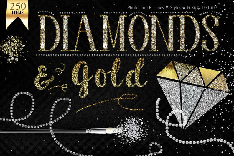 May include: A set of 250 Photoshop brushes featuring diamond and gold textures. The image shows the words "DIAMONDS & gold" in a glittery font, a large diamond shape, and a paintbrush with sparkling glitter.