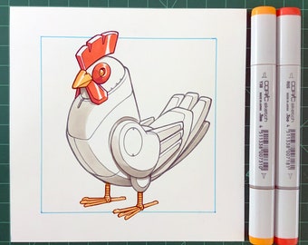 Chicken Robot 6" x 6" Original Marker Drawing