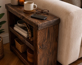 Tavolino laterale per divano in legno massello / Stile rustico da fienile, legno massiccio lavorato a mano, stile loft industriale