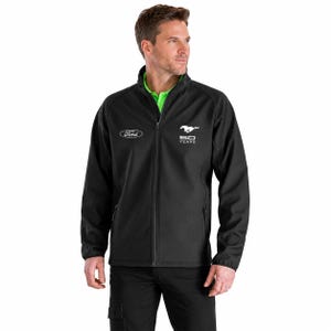 May include: Black zip-up jacket featuring the Ford logo and a white Mustang emblem. The jacket has the text "50 YEARS" and a green collar. The model is wearing a green shirt underneath.