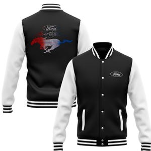 Chaqueta de béisbol universitaria Ford Mustang Classic roja, blanca y azul imagen 1
