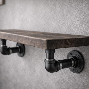 Industriële pijpplank - massief hout - postmoderne loftplanken - handgemaakt in Ierland - moderne rustieke wandopberger