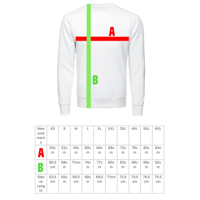 Puede incluir: Una sudadera blanca con una tabla de tallas que muestra las medidas en cent&iacute;metros para el pecho, la longitud y la longitud de la manga.