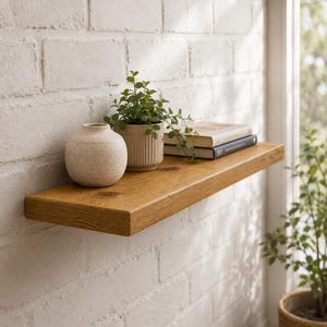 Op de afbeelding: Een rechthoekige zwevende houten plank met een natuurlijke houtnerfafwerking. Op de plank staan een ronde, getextureerde beige vaas, een kleine geribbelde keramische pot met een groene plant en twee op elkaar gestapelde boeken.