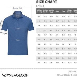 Puede incluir: Tabla de tallas para una camiseta polo azul con cuello y botones blancos. La tabla muestra las medidas en pulgadas para diferentes tallas, incluyendo la longitud de la prenda, el ancho de los hombros, el pecho, la cintura, la longitud de la manga y el ancho de la manga. La tabla est&aacute; etiquetada como "EN213" e incluye el texto "UNIT: INCH" y "TOLLERENCE: &plusmn;1 inch".